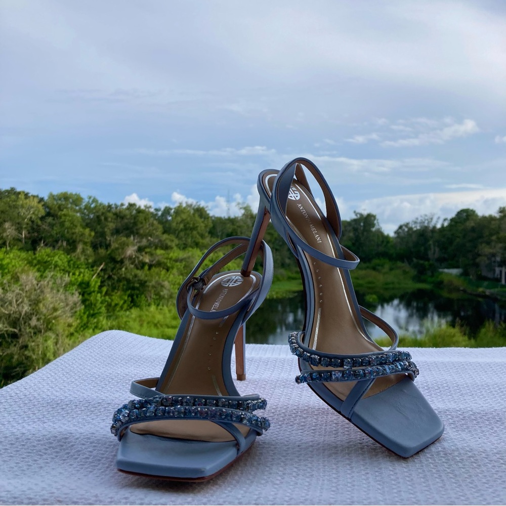 ANTONIO MELANI Blue Leather Rhinestone Beaded Strappy Heels Size 9M